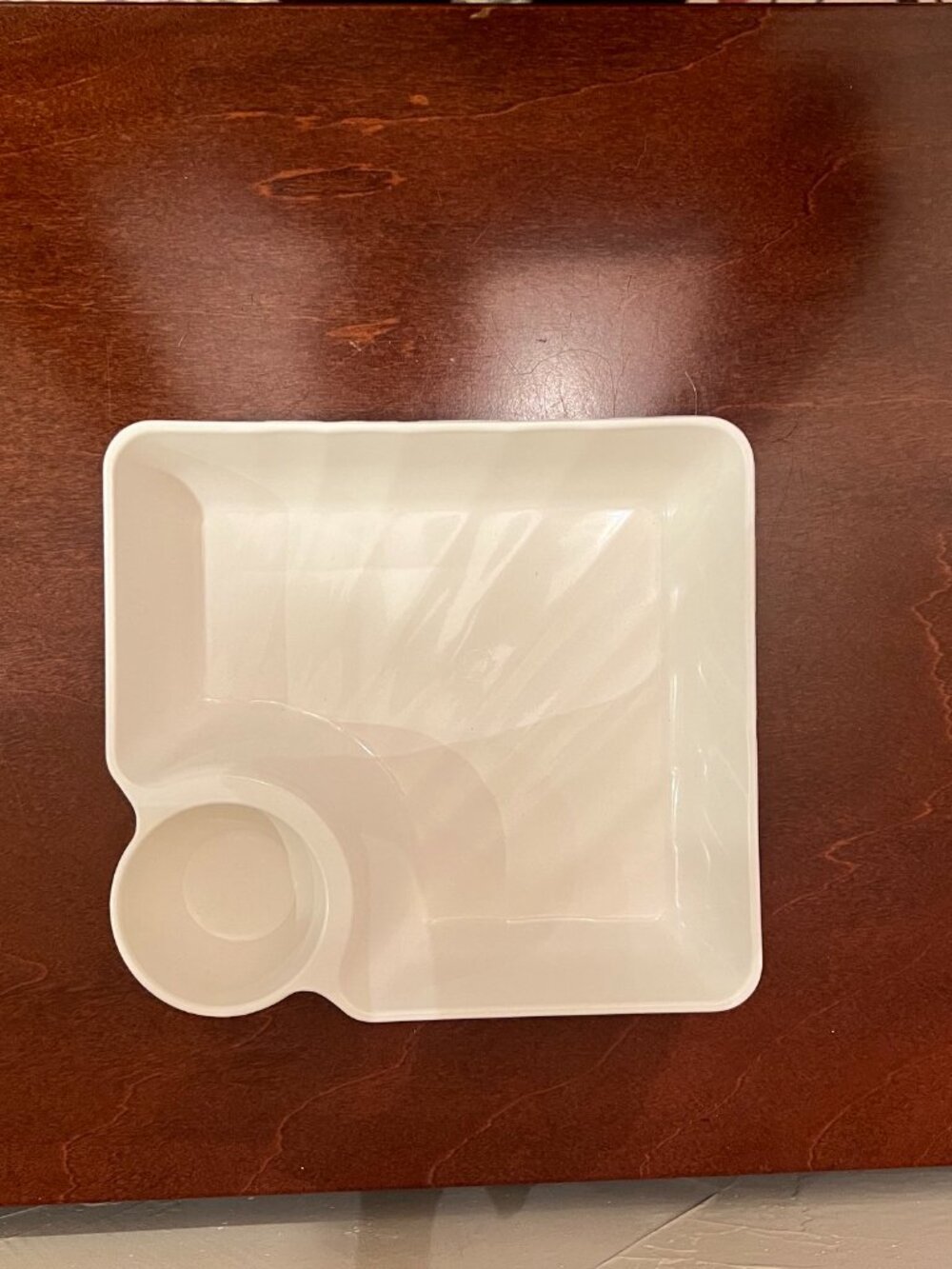 4 Pc White Appetizer Plates w/ Built-In Sauce Cup Dip Tray Snack Serving Plates